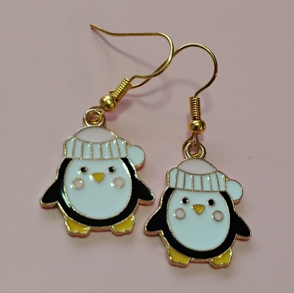 Pink Penguin Christmas Earrings 18k Gold Plated Nickel Free Hooks